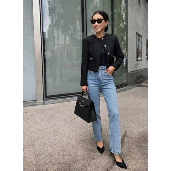 Abercrombie Fitch Collarless Tweed Jacket Black Size Medium - Picture 8 of 8